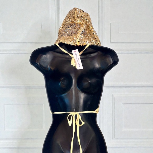 New Small Gold Sequin Cowl Neck Crop Top Festival Rave Glam Sheer Backless - Picture 6 of 7